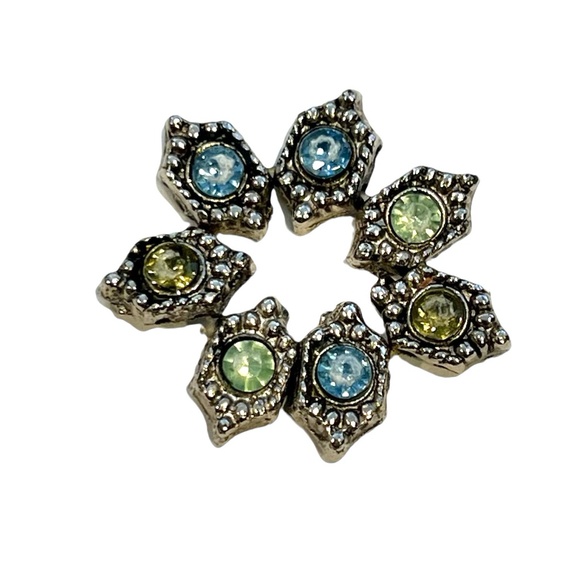 VINTAGE STRETCH RING W BLUE, GREEN & YELLOW CRYSTALS SET IN DARKENED SILVER - Picture 14 of 16